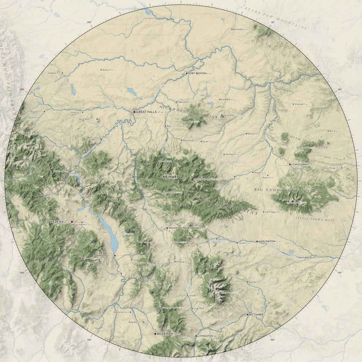 Circular map of everything within 100 miles of Neihart: Great Falls to the northwest, Lewistown to the east, Helena to the west, Bozeman and Livingston to the south.