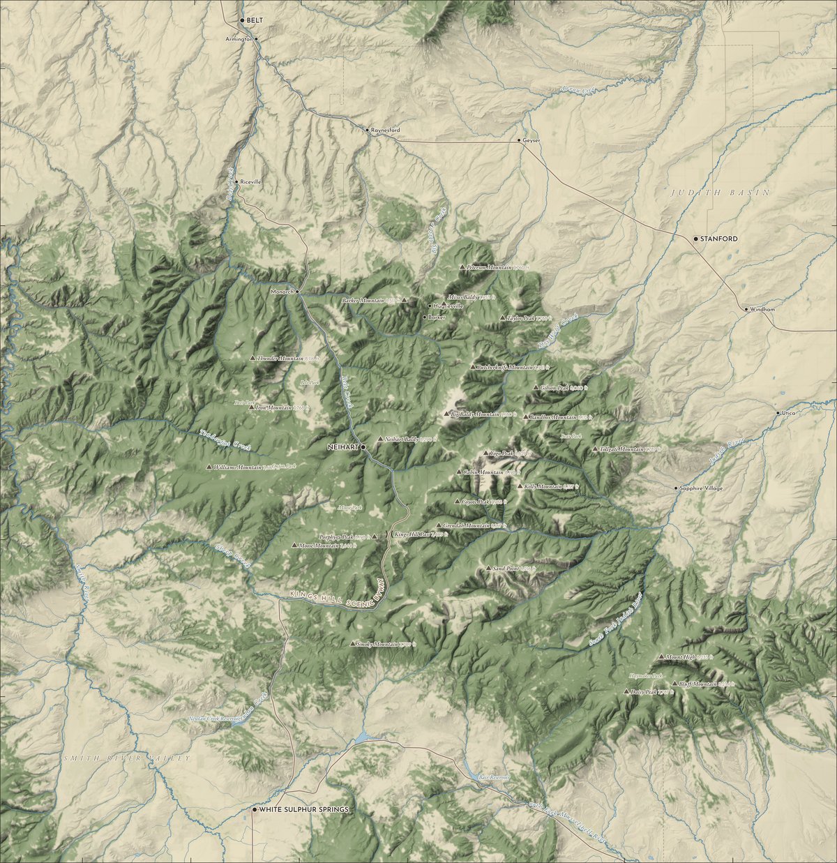 Shaded relief map of the Little Belt Mountains from Belt in the north to White Sulphur Springs in the south, with Neihart in the middle.