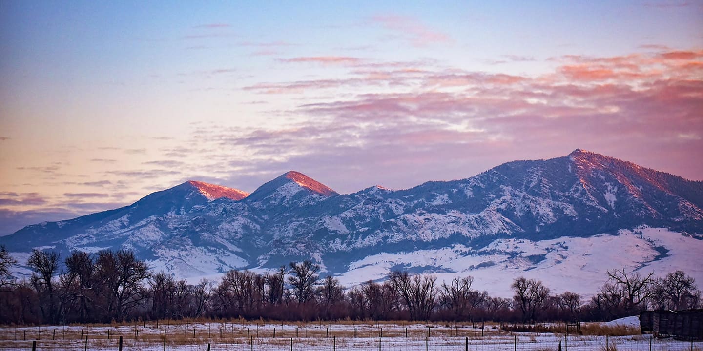 Snowy peaks lit pink at sunset above a winter field